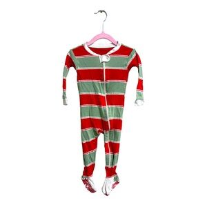 Burt’s Bees Long Sleeper, Red, Green, & Cream Striped with Red Bee Footies, 6-9M